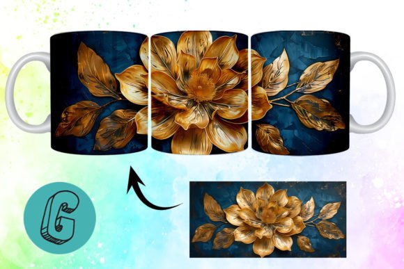 3D Oil Paint Gold Flower Mug Wrap 07: Elevate Your DIY Creations