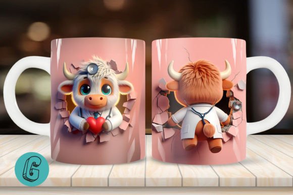 3D V-day Doctor Highland Cow Mug Wrap 04